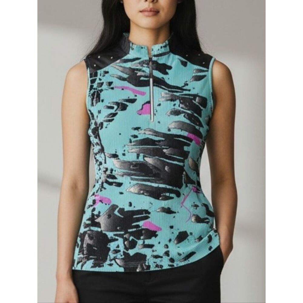 Jamie Sadock Aqua Mock-Neck Sleeveless Top with Black & Pink Accents